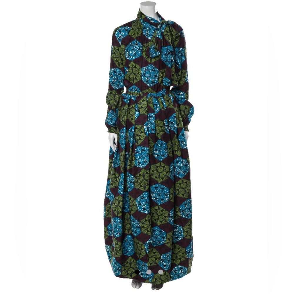 Stella Jean Silk Bow Neck Batik Print Maxi Dress